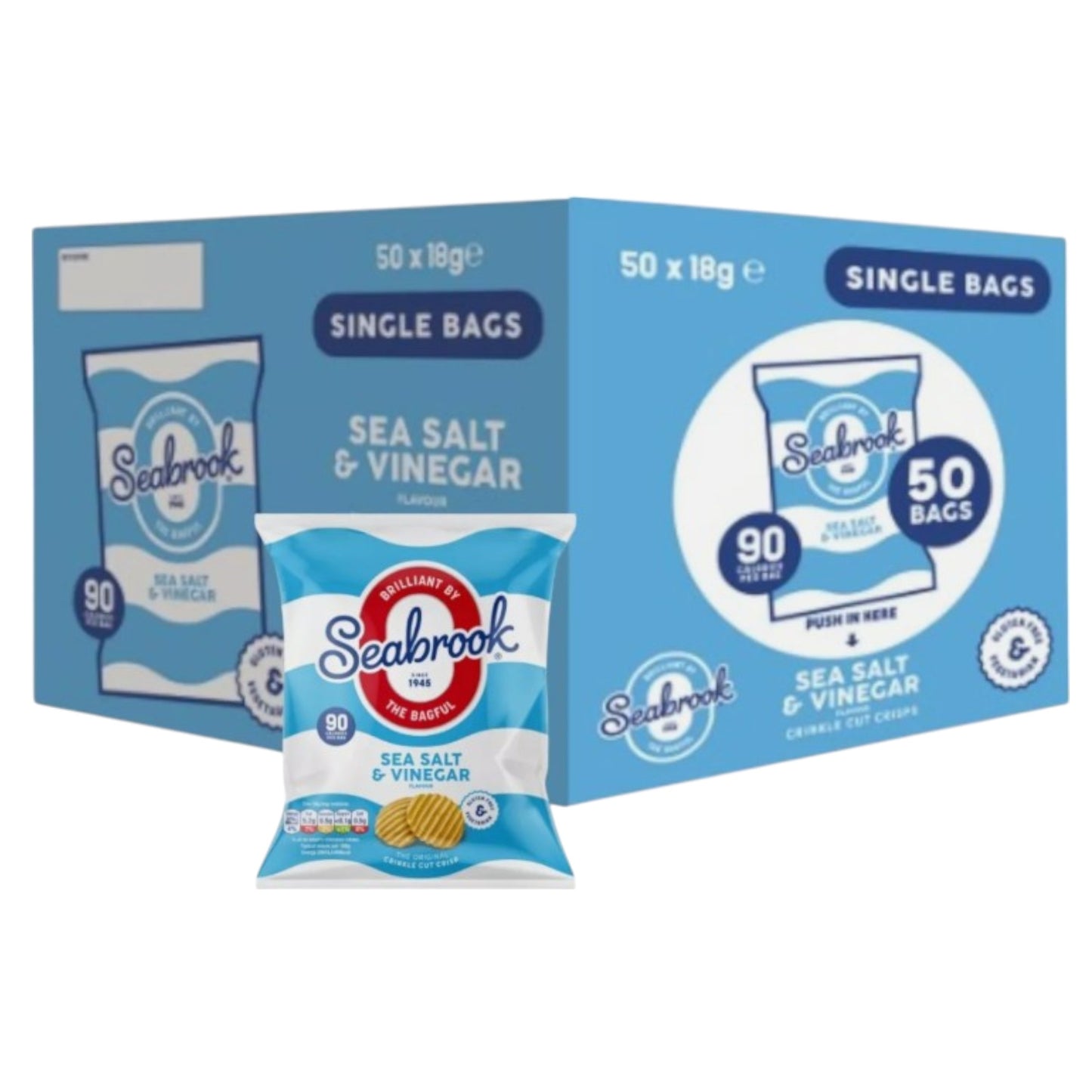Seabrook Crinkle Cut crisps Sea Salt & Vinegar flavour 50 x 18g full box on white background