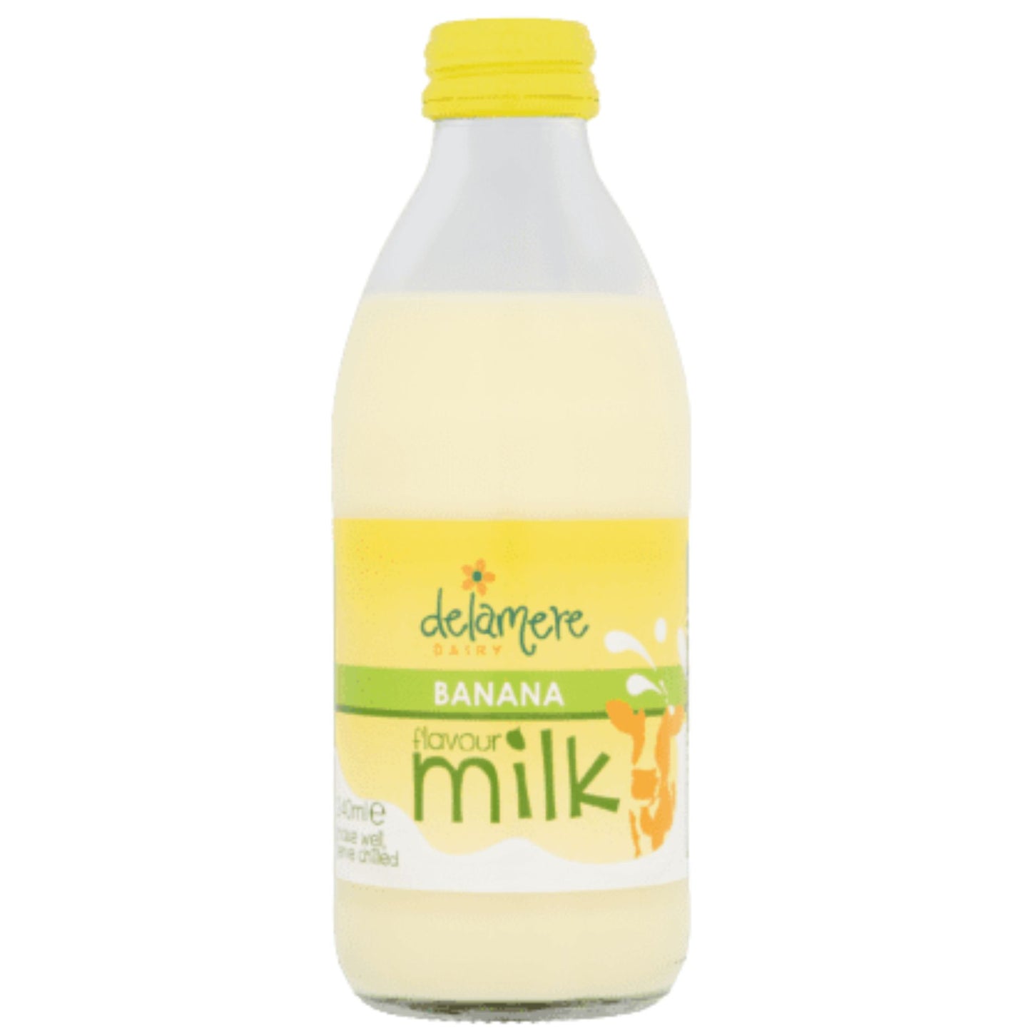 Delamere Dairy banana flavoured milk 240ml glass bottle on white background