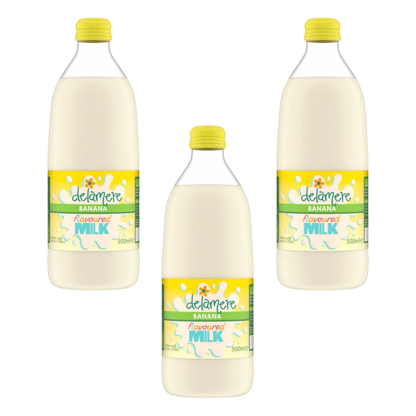 Delamere Dairy banana flavoured milk 3x500ml glass bottles on white background