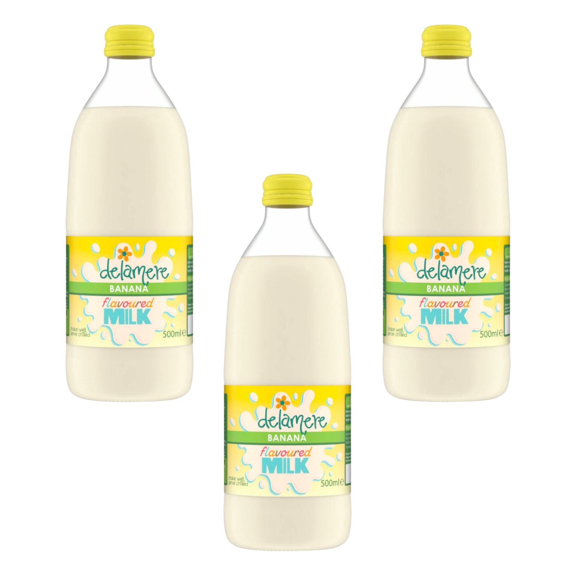 Delamere Dairy banana flavoured milk 3x500ml glass bottles on white background
