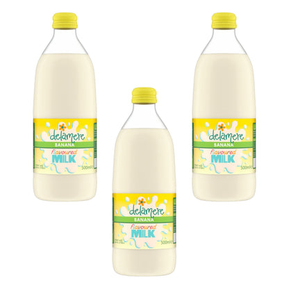 Delamere Dairy banana flavoured milk 3x500ml glass bottles on white background