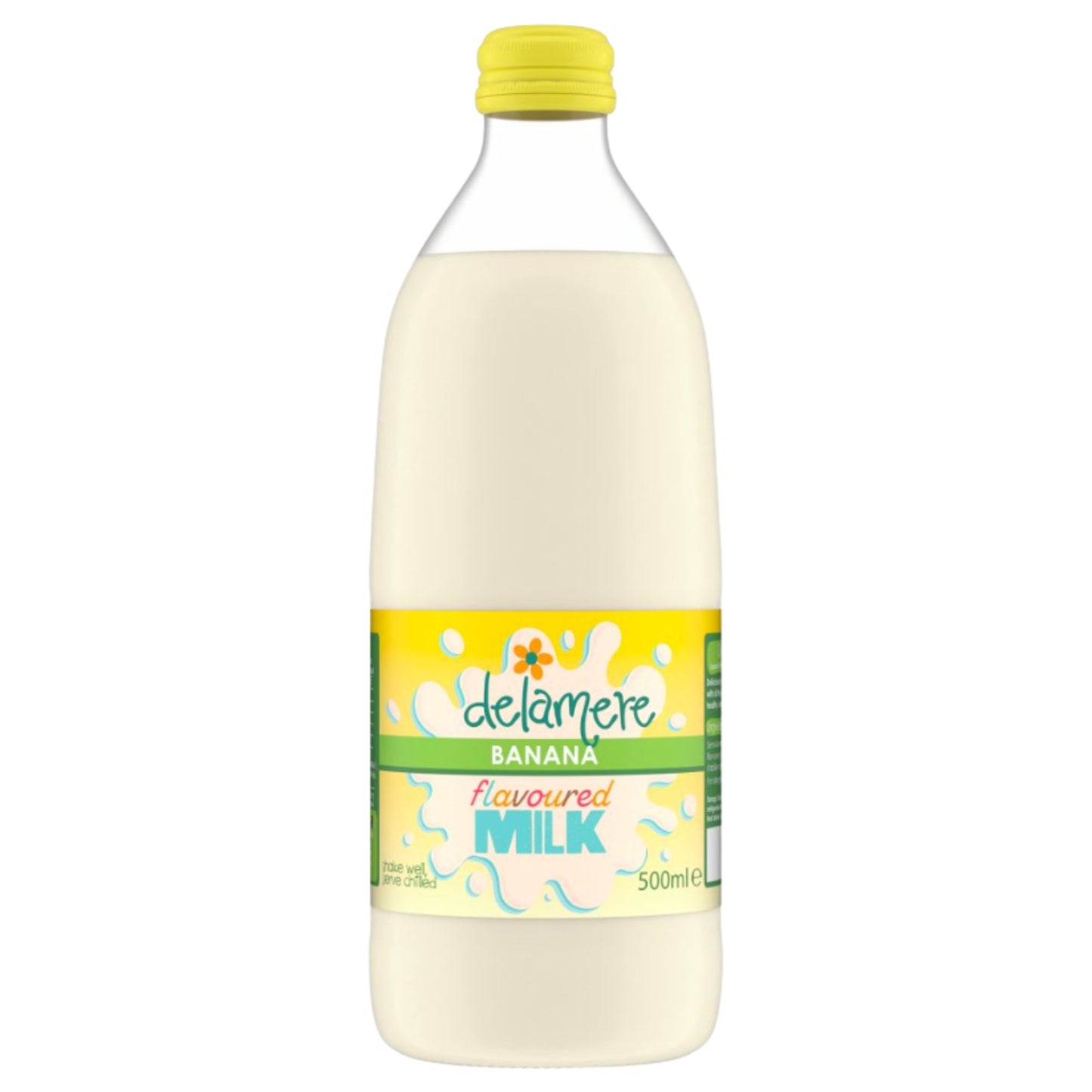 Delamere Dairy banana flavoured milk 500ml glass bottle on white background