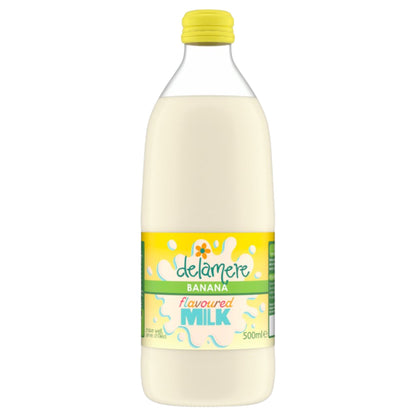 Delamere Dairy banana flavoured milk 500ml glass bottle on white background