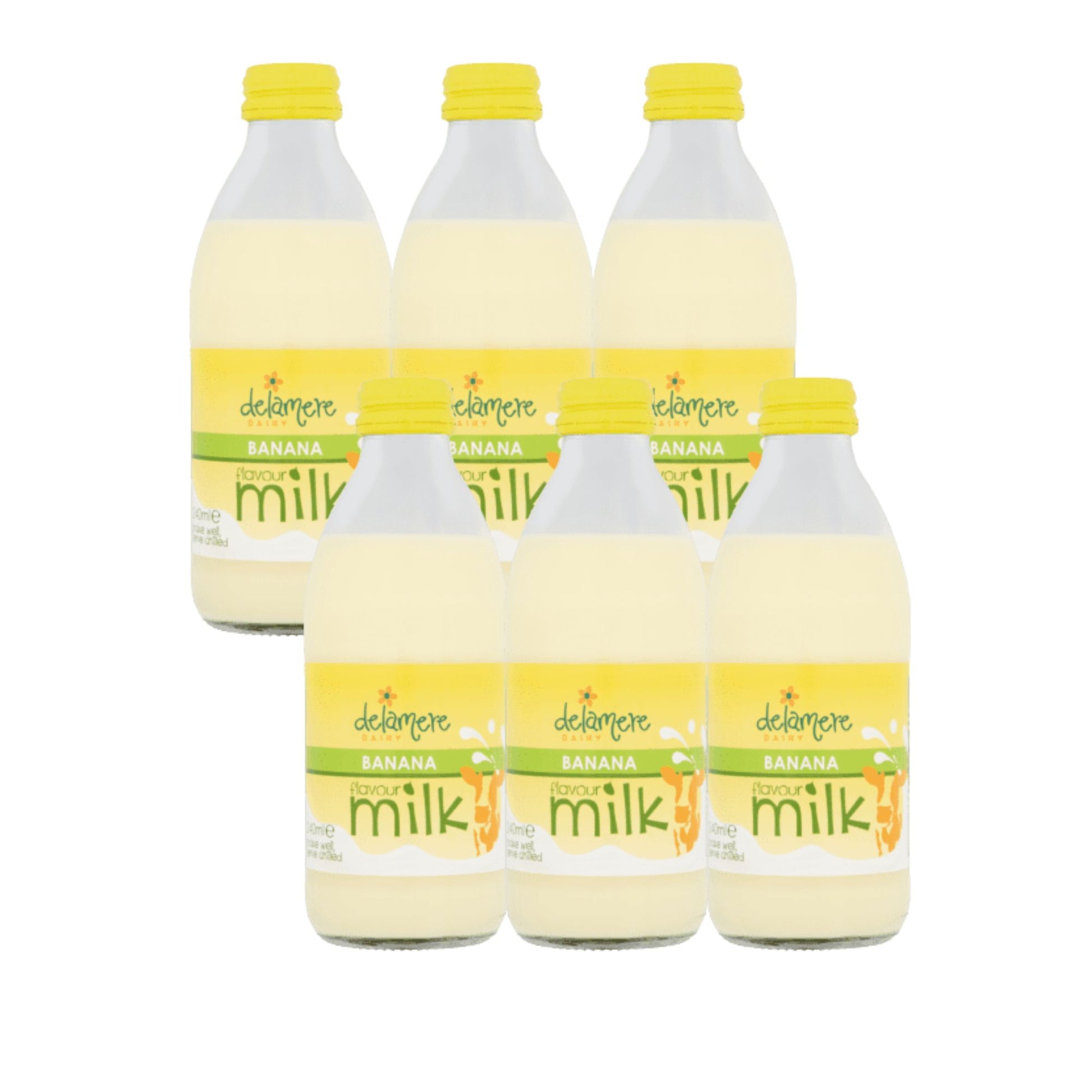 Delamere Dairy banana flavoured milk 6x240ml glass bottles on white background