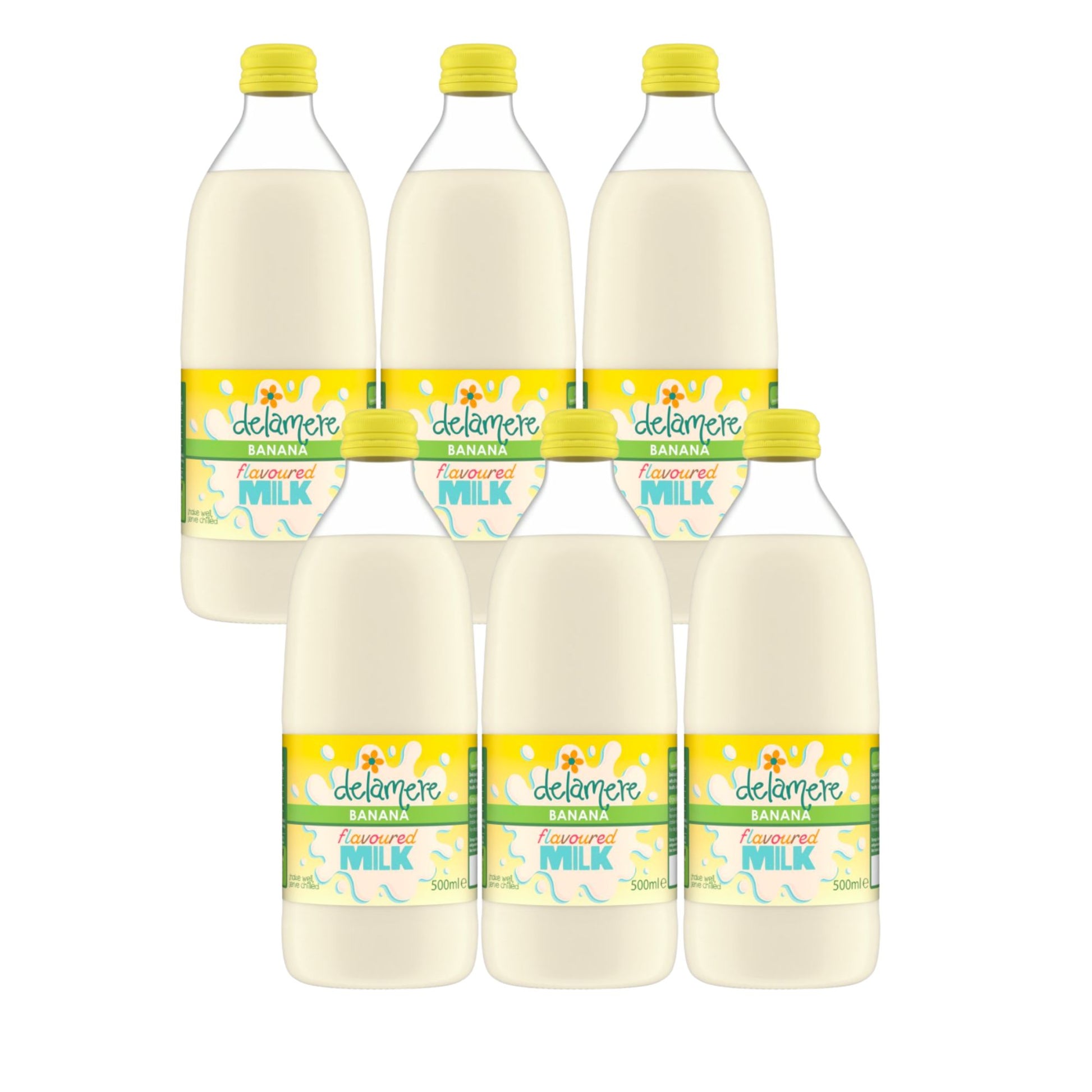 Delamere Dairy banana flavoured milk 6x500ml glass bottles on white background