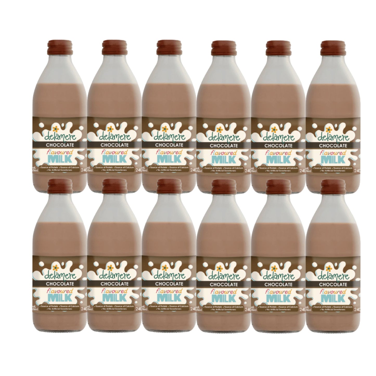 Delamere Dairy chocolate flavoured milk 12x240ml glass bottles on white background