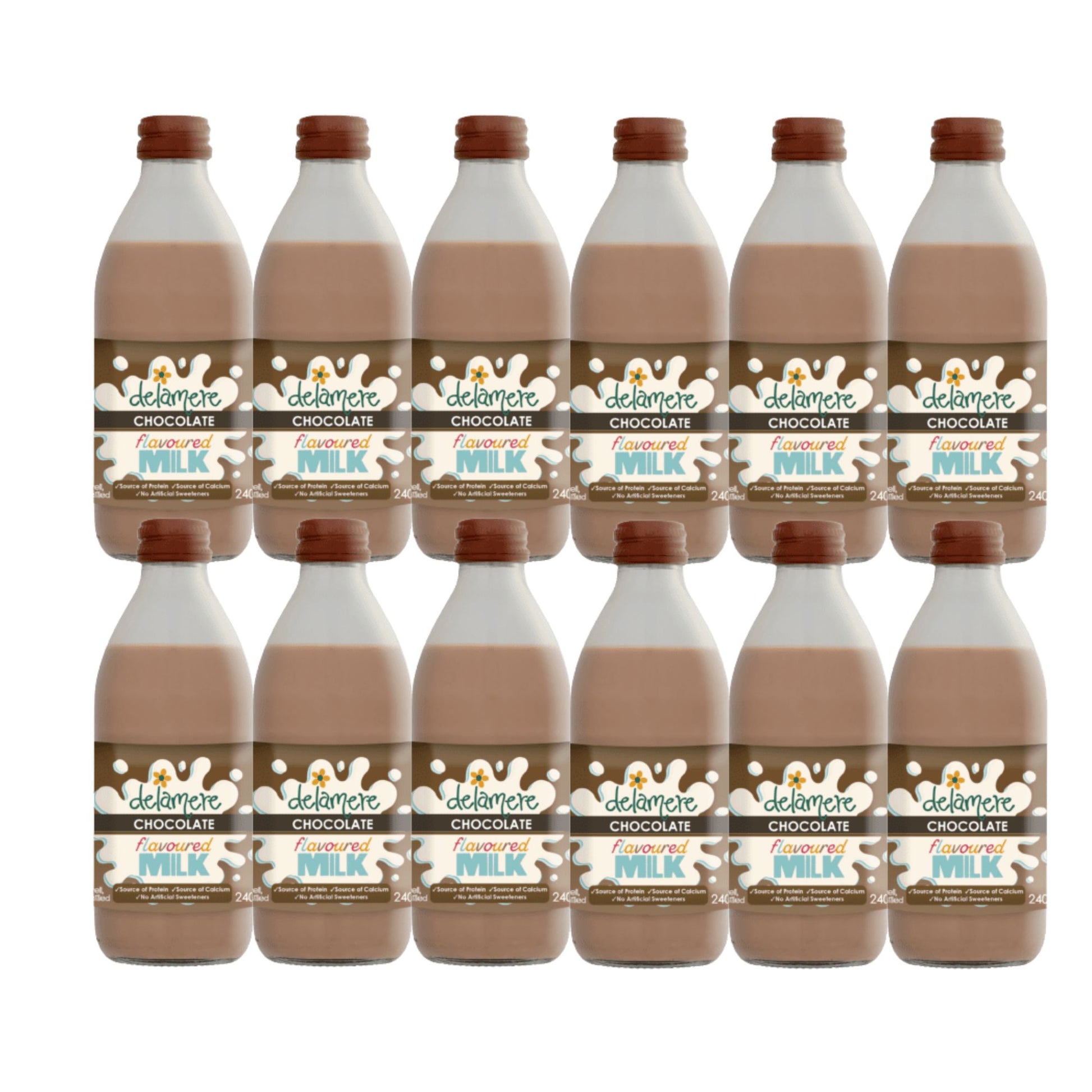 Delamere Dairy chocolate flavoured milk 12x240ml glass bottles on white background