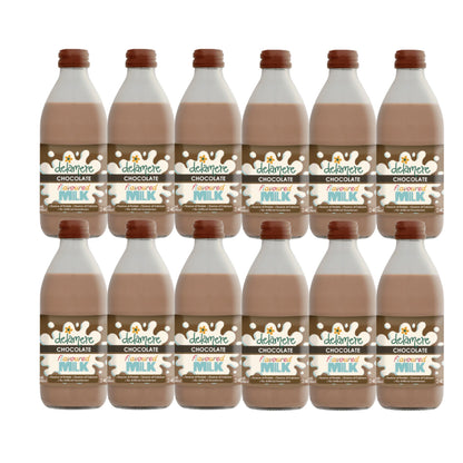 Delamere Dairy chocolate flavoured milk 12x240ml glass bottles on white background