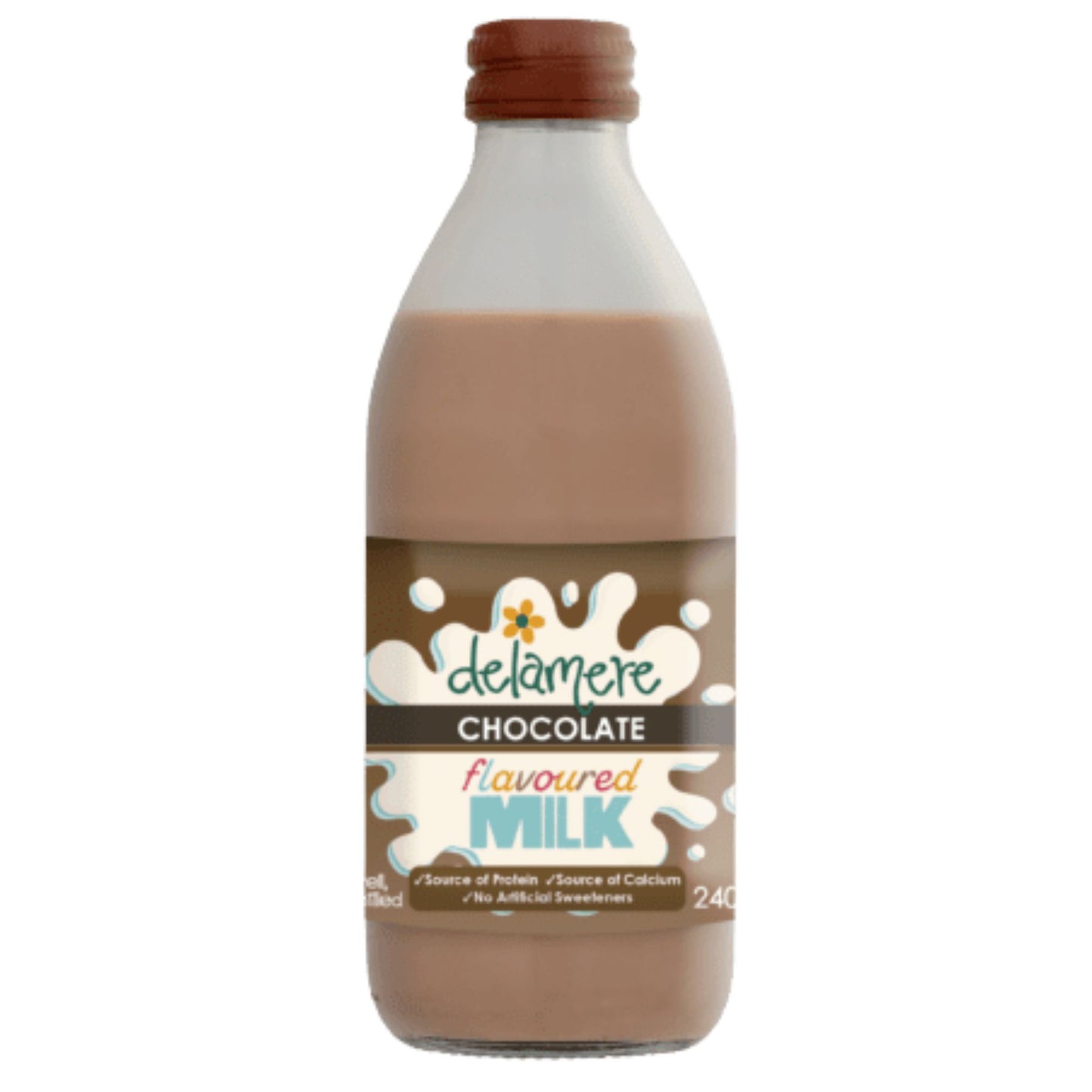 Delamere Dairy chocolate flavoured milk 240ml glass bottle on white background