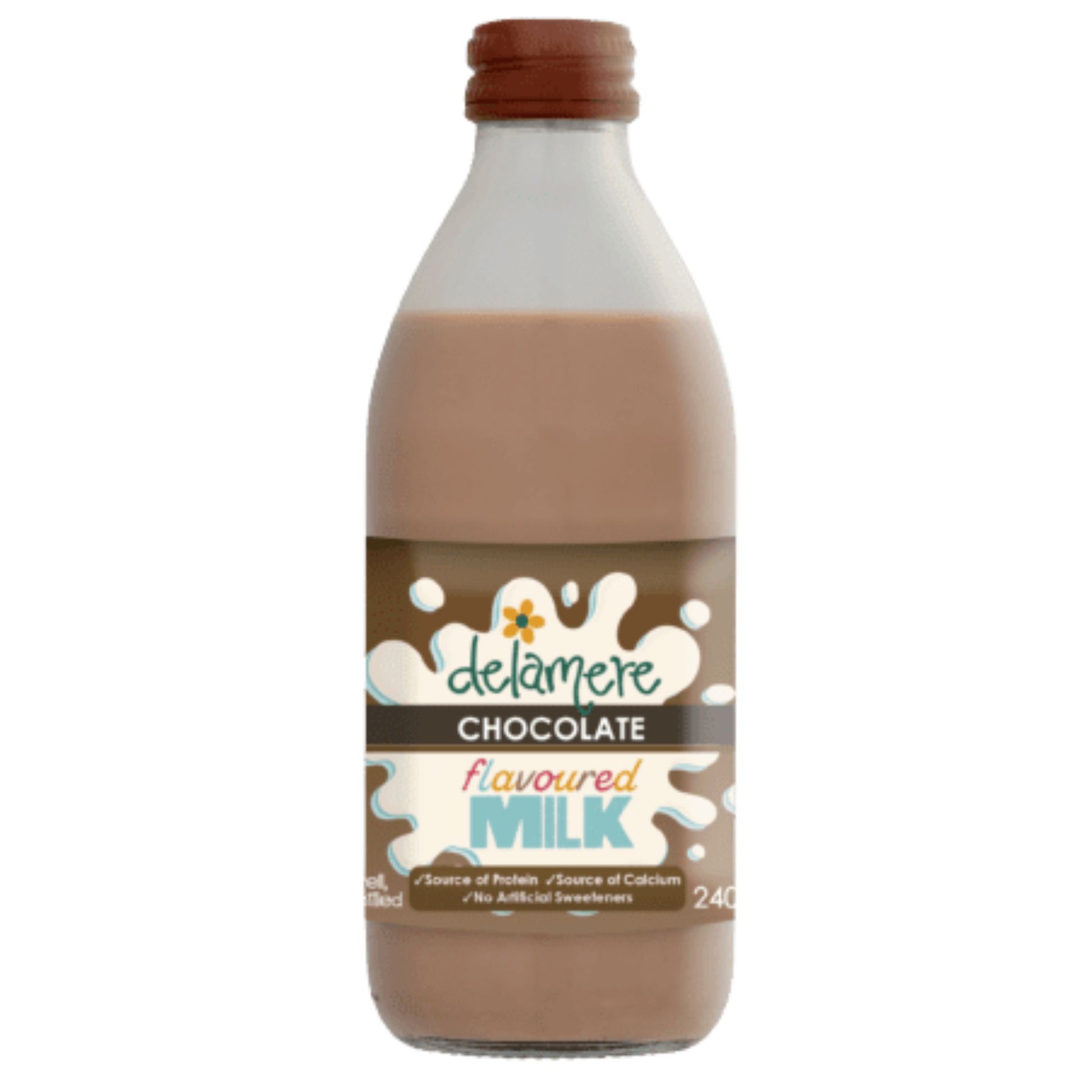 Delamere Dairy chocolate flavoured milk 240ml glass bottle on white background