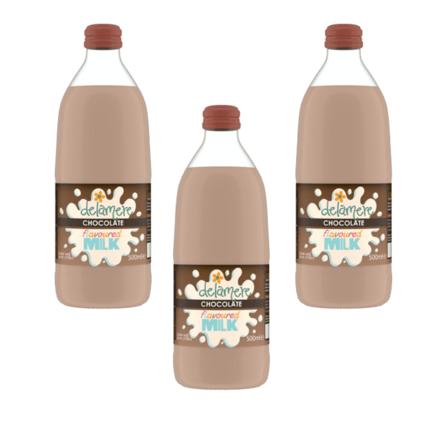 Delamere Dairy chocolate flavoured milk 3x500ml glass bottles on white background
