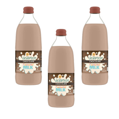 Delamere Dairy chocolate flavoured milk 3x500ml glass bottles on white background