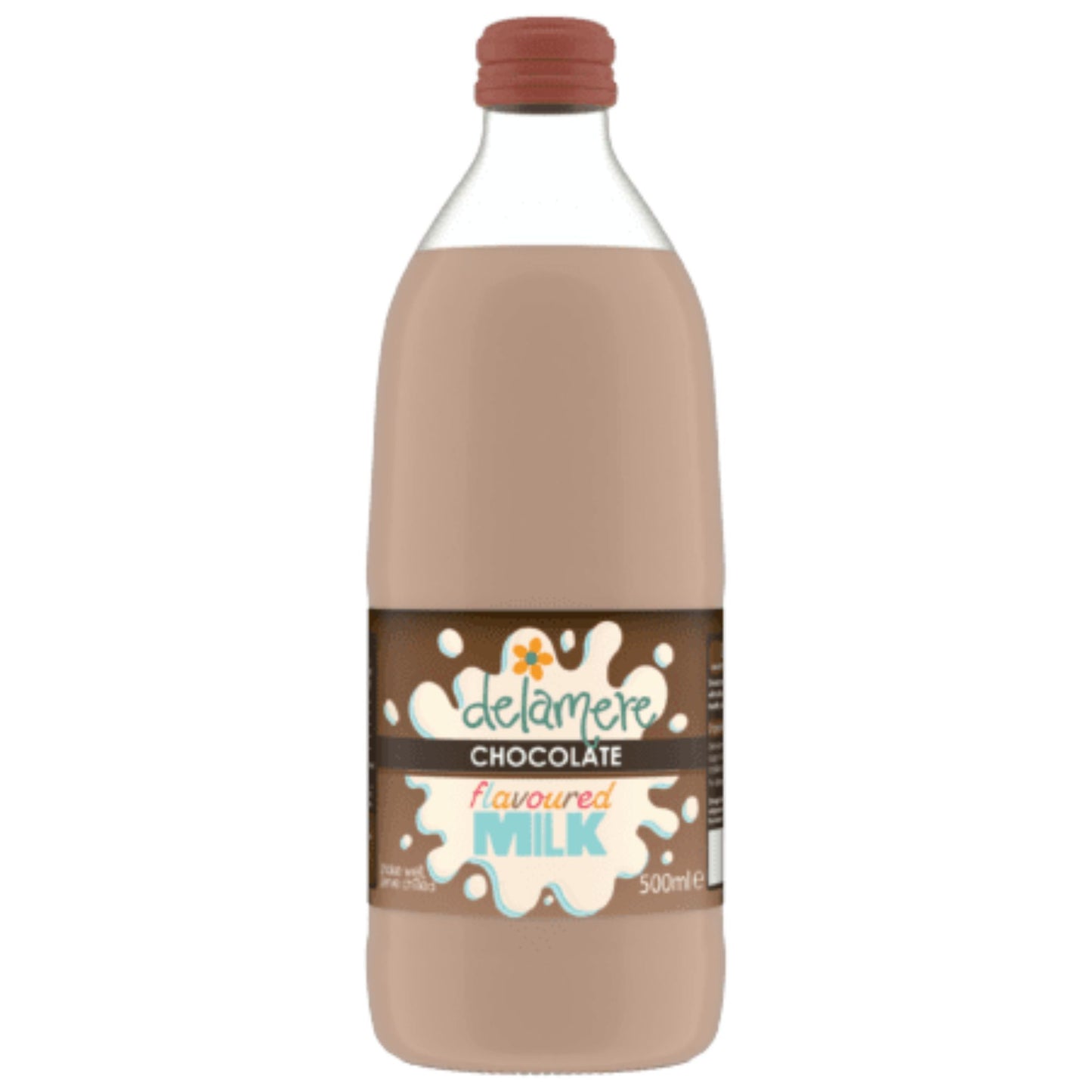 Delamere Dairy chocolate flavoured milk 500ml glass bottle on white background