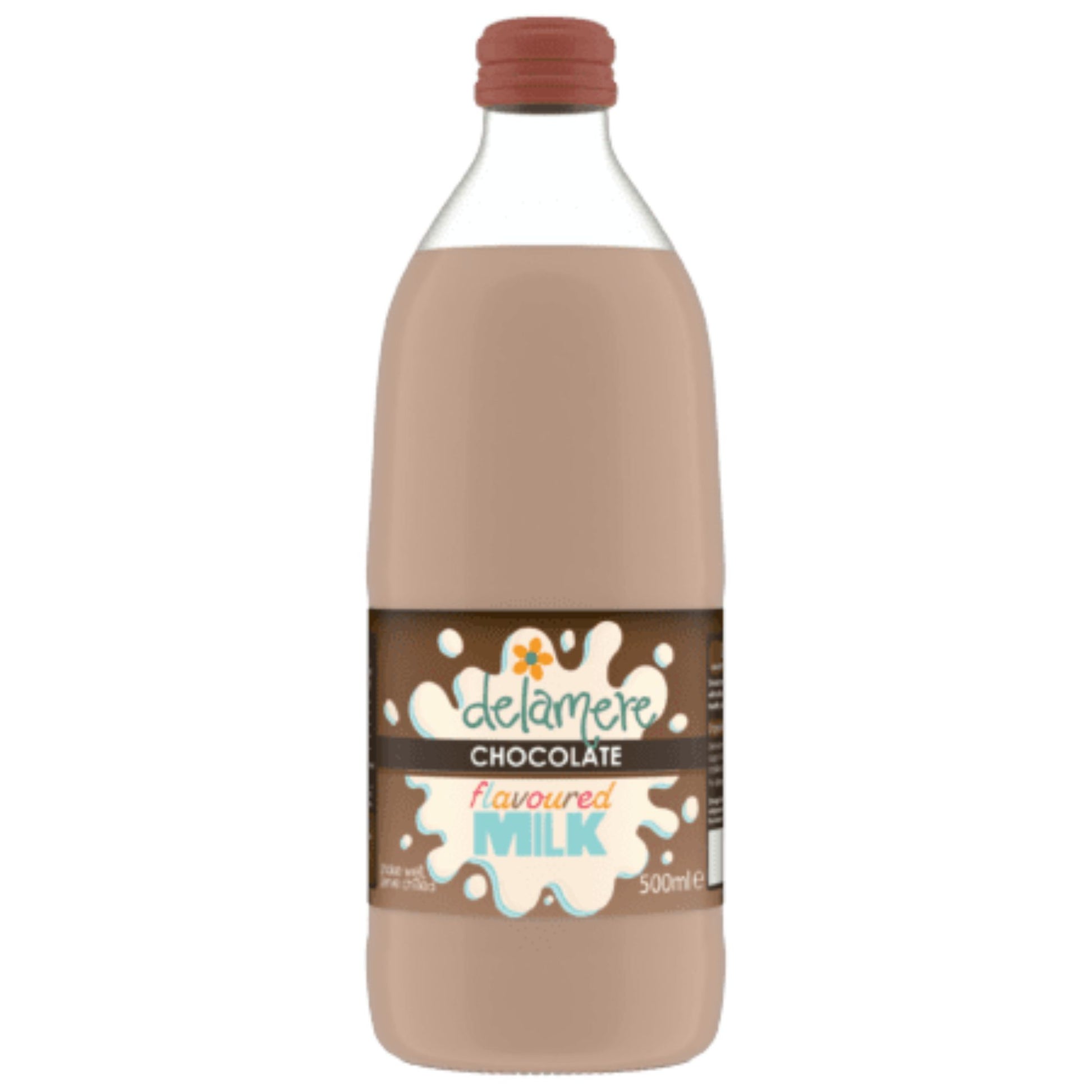 Delamere Dairy chocolate flavoured milk 500ml glass bottle on white background