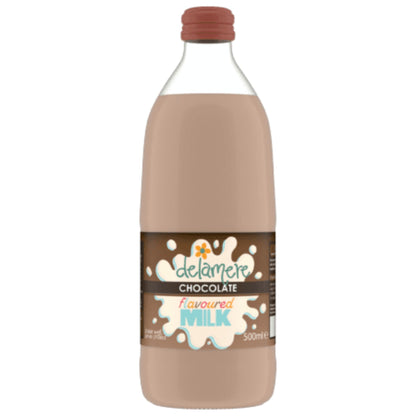 Delamere Dairy chocolate flavoured milk 500ml glass bottle on white background
