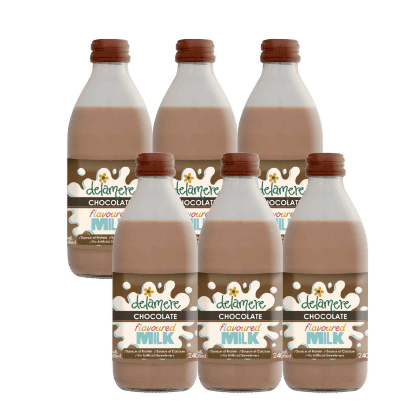 Delamere Dairy chocolate flavoured milk 6x240ml glass bottles on white background