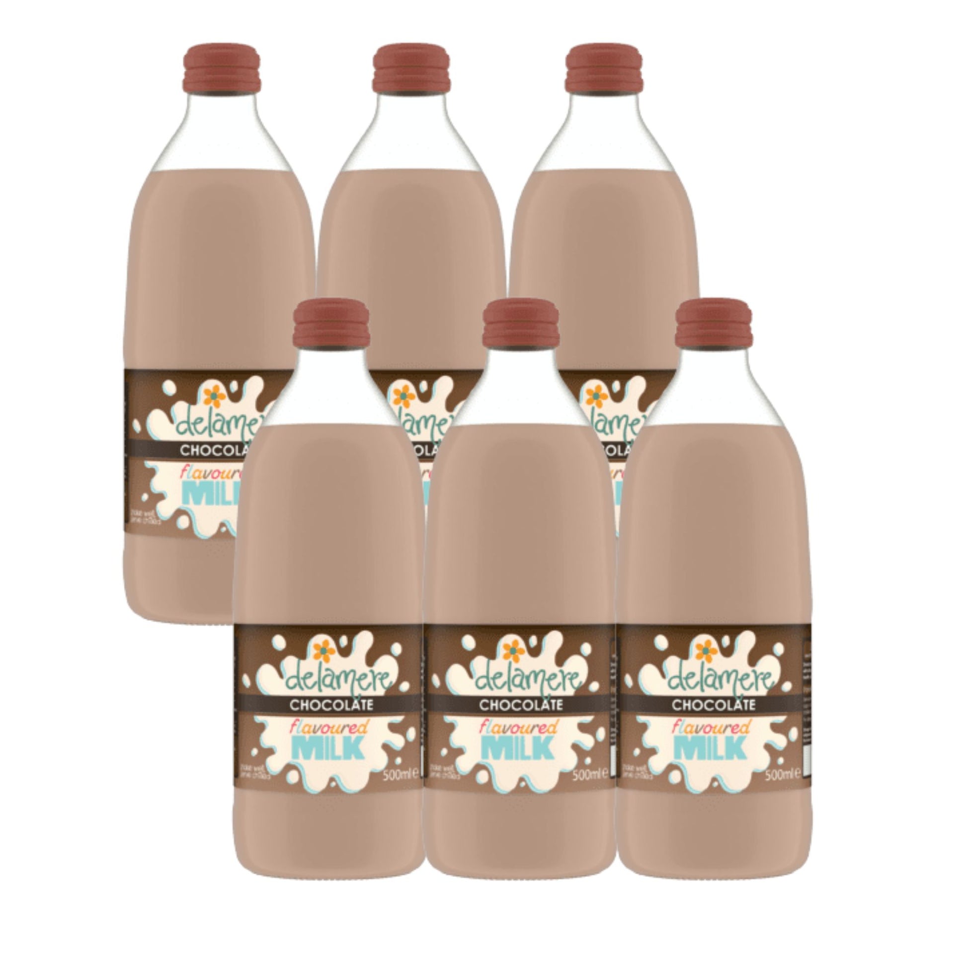 Delamere Dairy chocolate flavoured milk 6x500ml glass bottles on white background