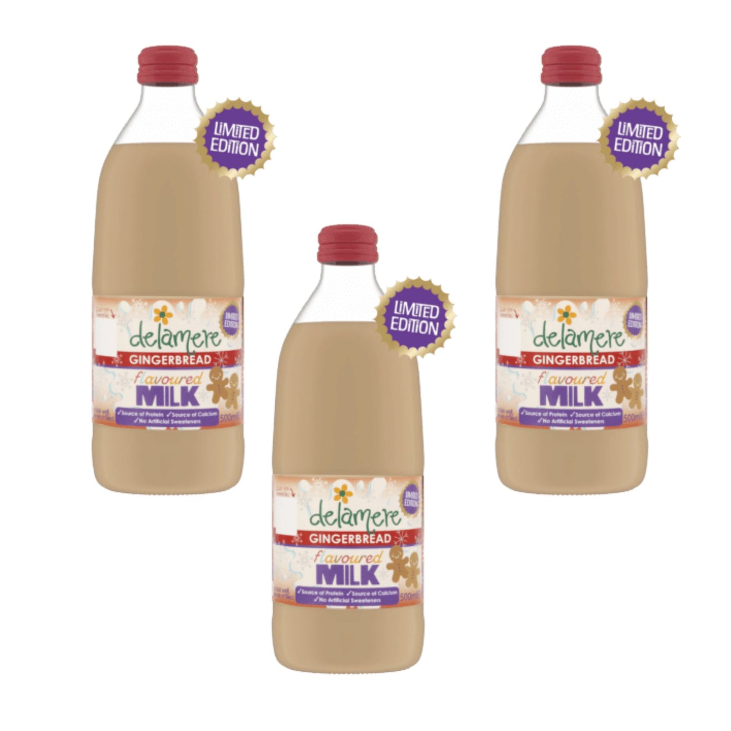 Delamere Dairy gingerbread flavoured milk 3x500ml glass bottles on white background