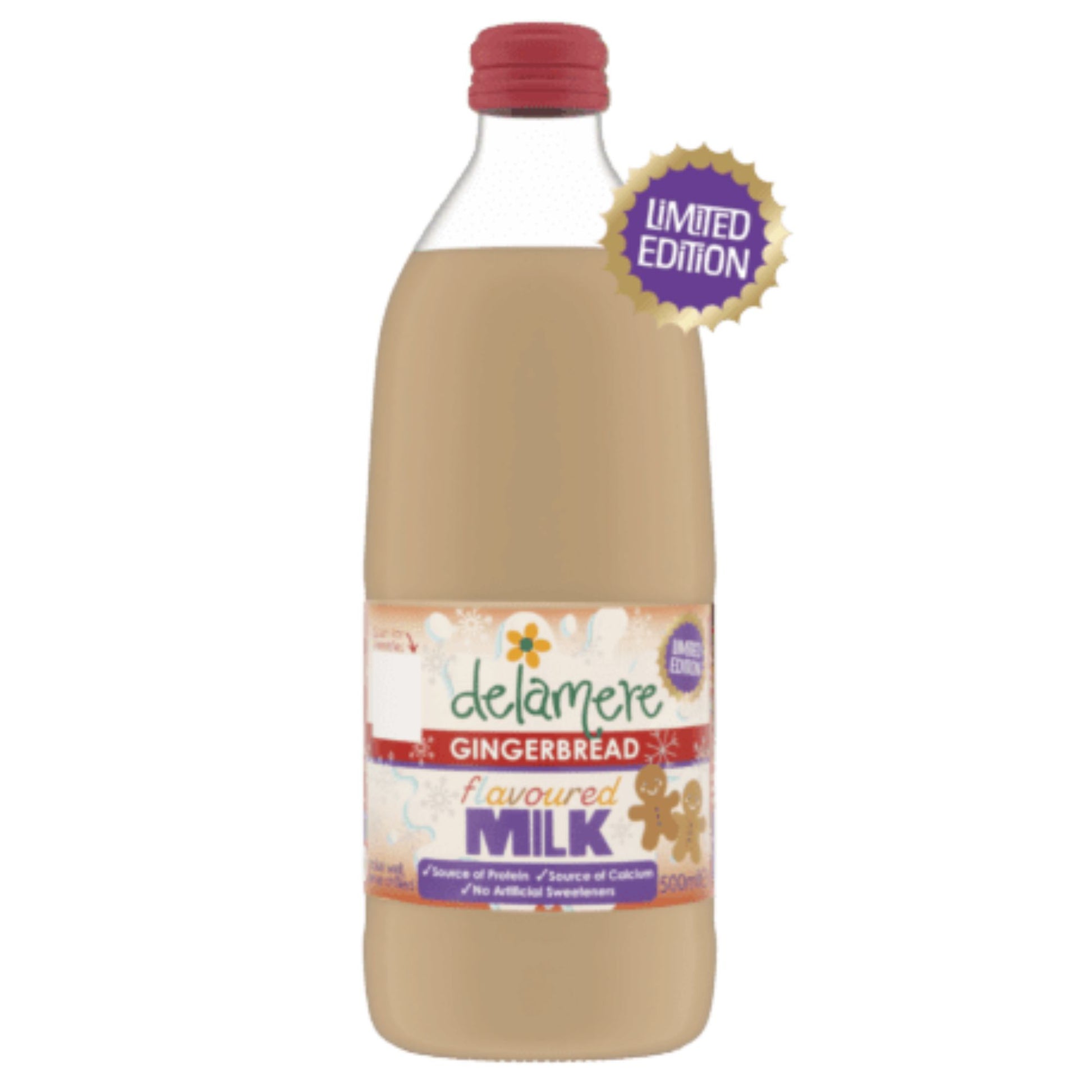 Delamere Dairy gingerbread flavoured milk 500ml glass bottle on white background