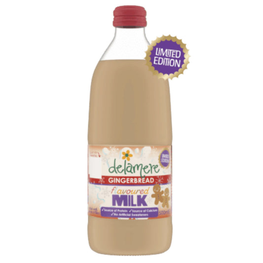 Delamere Dairy gingerbread flavoured milk 500ml glass bottle on white background