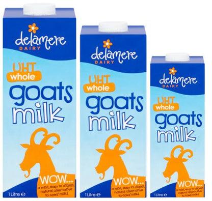 Delamere Dairy UHT whole goats' milk 3x1L cartons on white background
