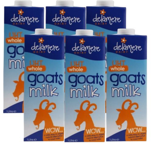 Delamere Dairy UHT whole goats' milk 6x1L cartons on white background