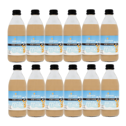 Delamere Dairy iced coffee flavoured milk 12x240ml glass bottles on white background