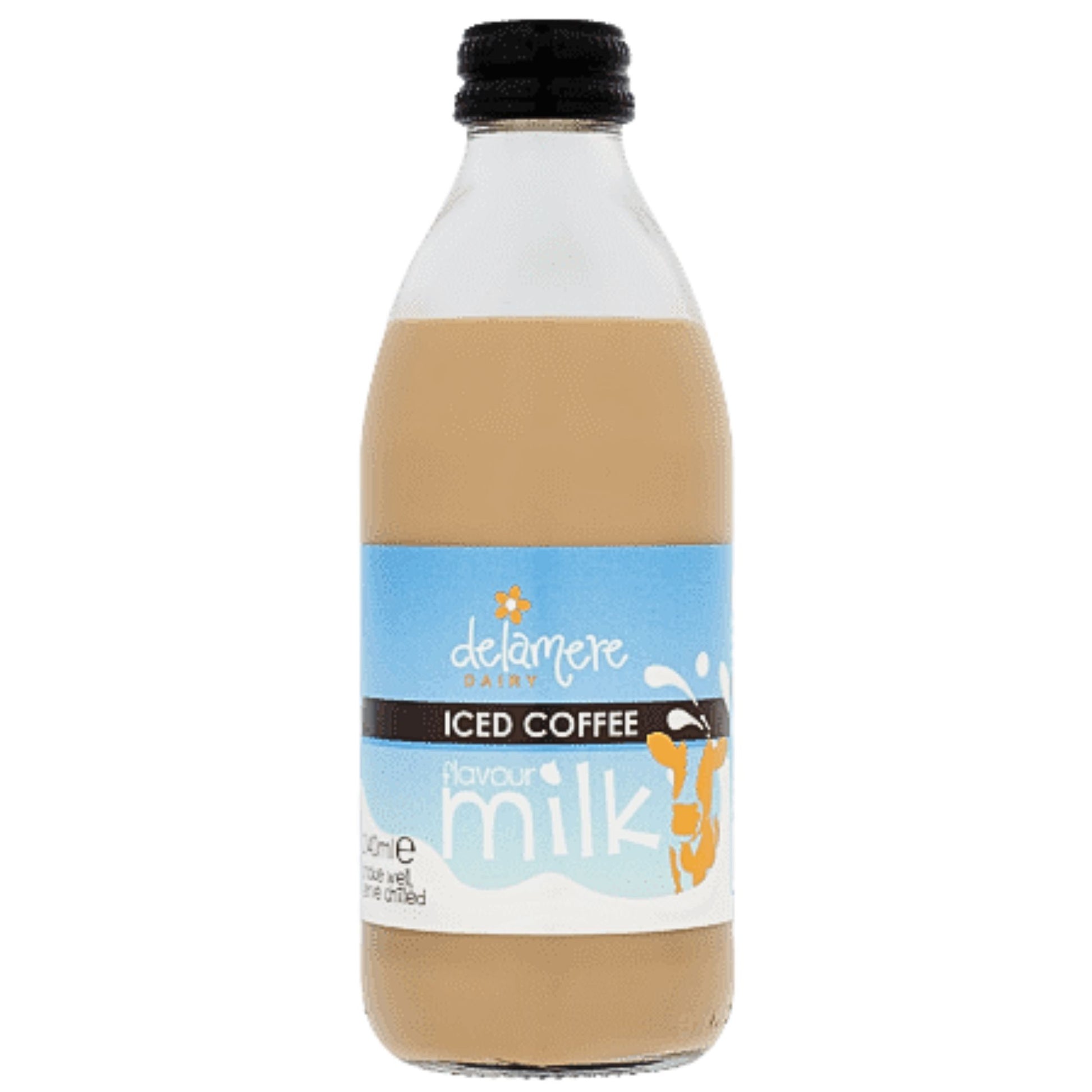 Delamere Dairy iced coffee flavoured milk 240ml glass bottle on white background
