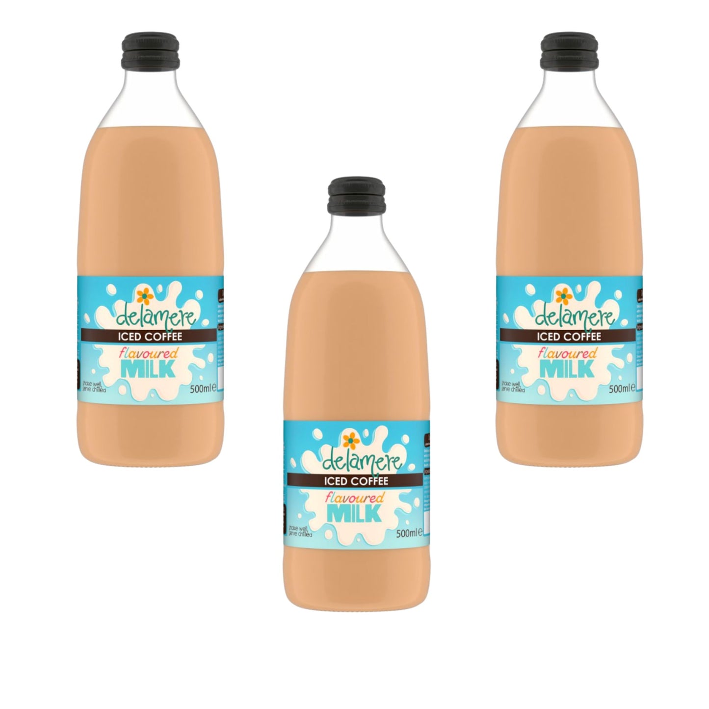 Delamere Dairy iced coffee flavoured milk 3x500ml glass bottles on white background