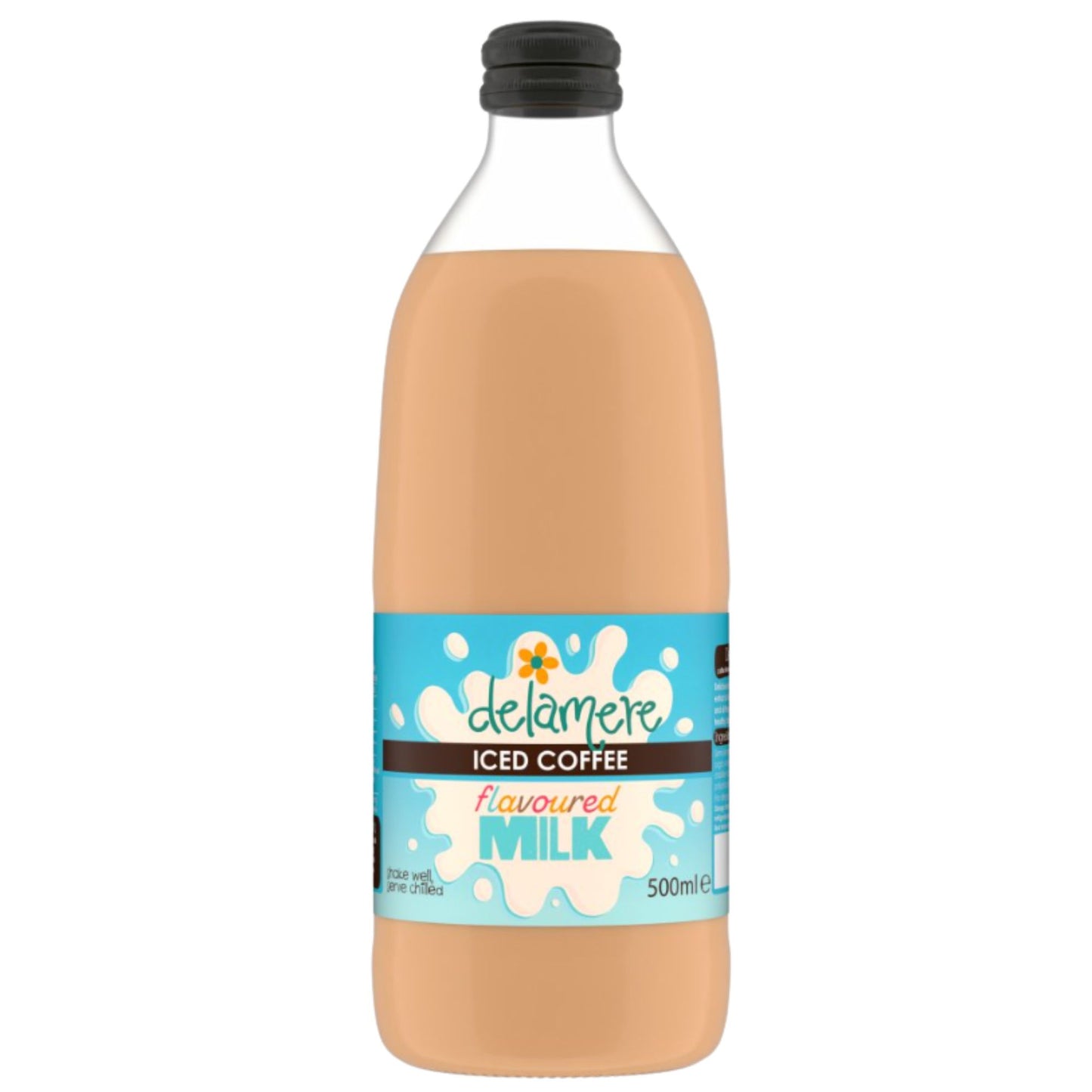 Delamere Dairy iced coffee flavoured milk 500ml glass bottle on white background