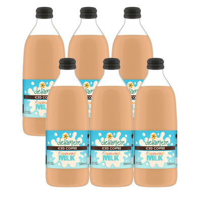 Delamere Dairy iced coffee flavoured milk 6x500ml glass bottles on white background