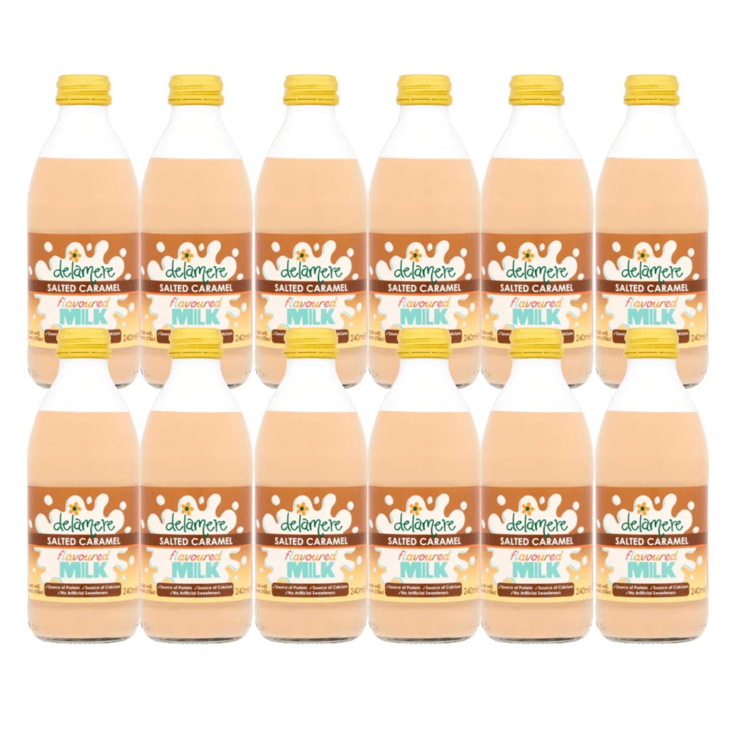 Delamere Dairy salted caramel flavoured milk 12x240ml glass bottles on white background