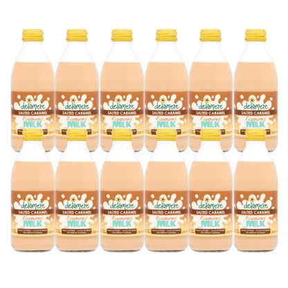 Delamere Dairy salted caramel flavoured milk 12x240ml glass bottles on white background