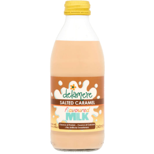 Delamere Dairy salted caramel flavoured milk 240ml glass bottle on white background