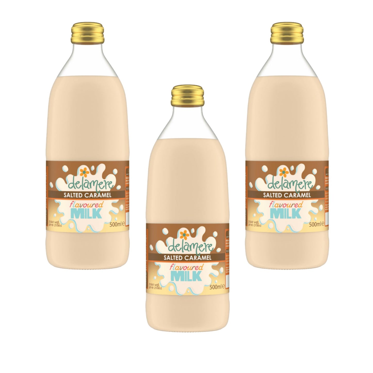 Delamere Dairy salted caramel flavoured milk 3x500ml glass bottles on white background