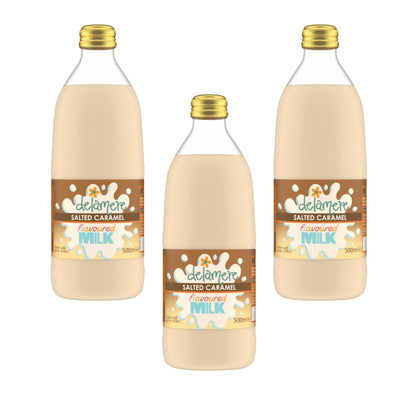 Delamere Dairy salted caramel flavoured milk 3x500ml glass bottles on white background