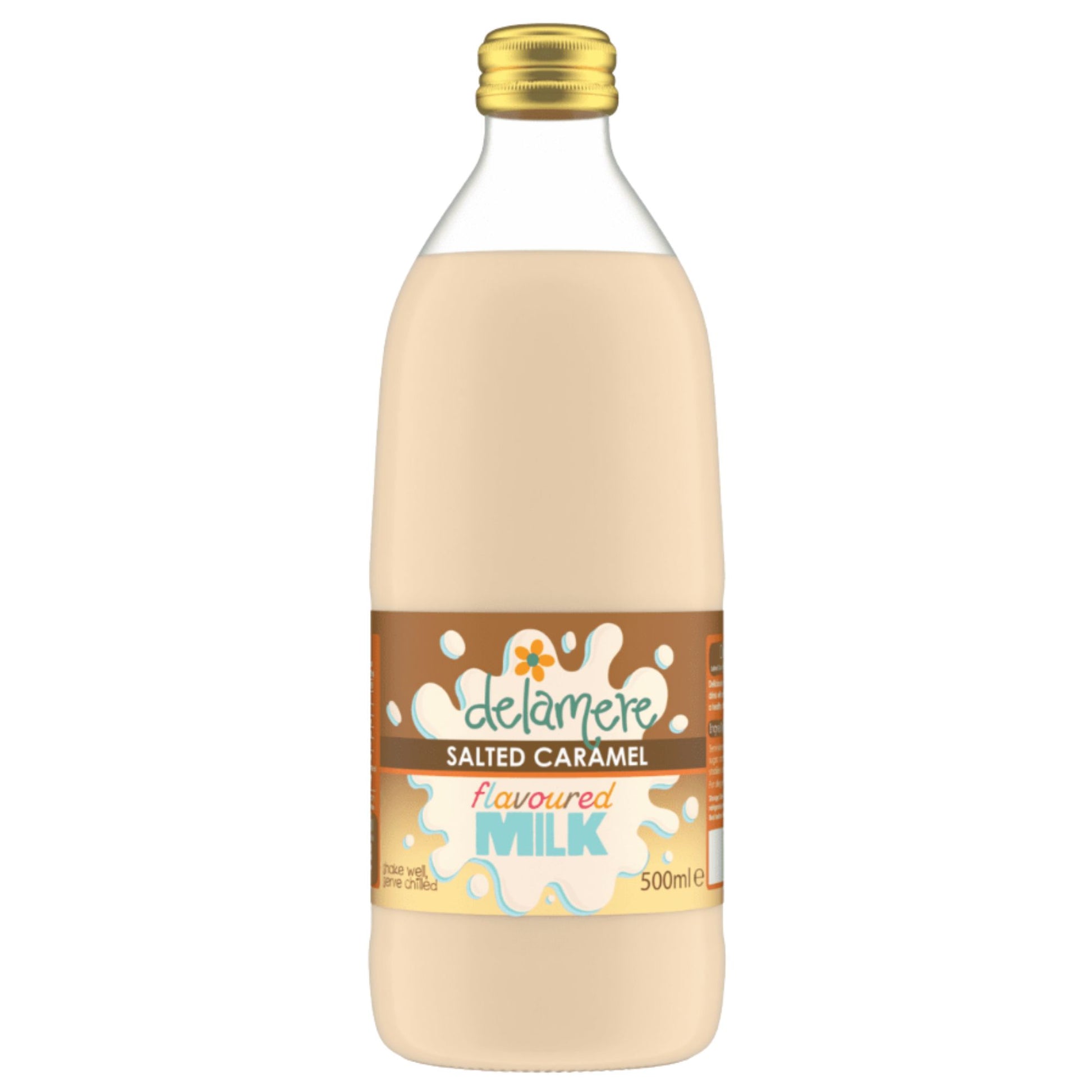 Delamere Dairy salted caramel flavoured milk 500ml glass bottle on white background