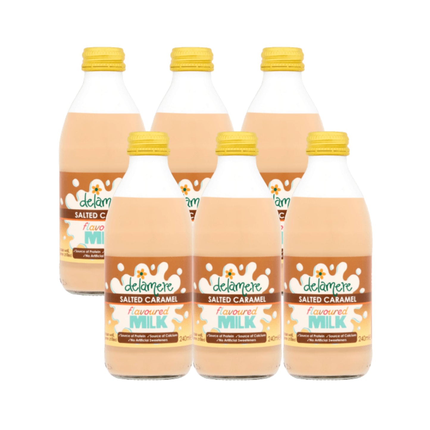 Delamere Dairy salted caramel flavoured milk 6x240ml glass bottles on white background