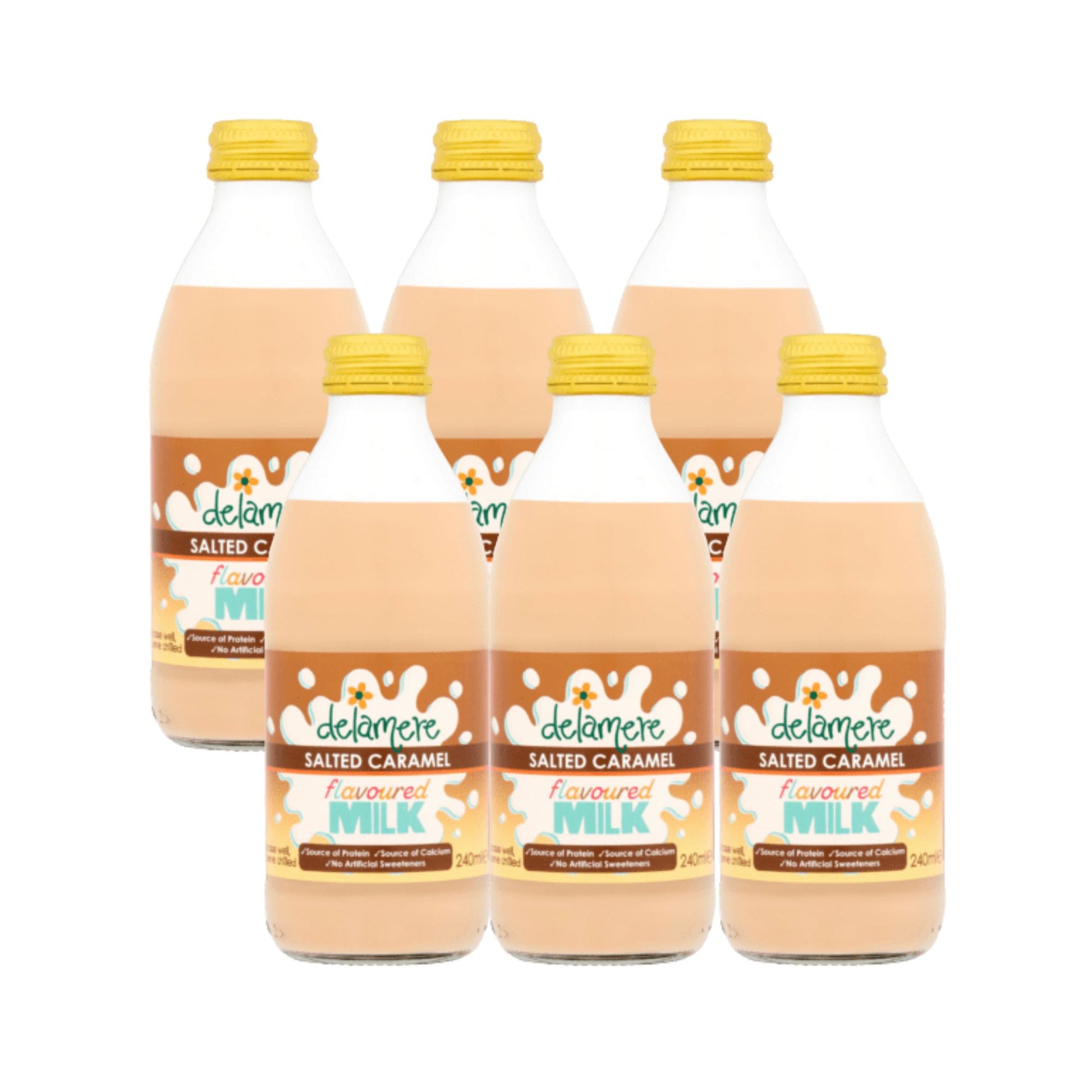 Delamere Dairy salted caramel flavoured milk 6x240ml glass bottles on white background