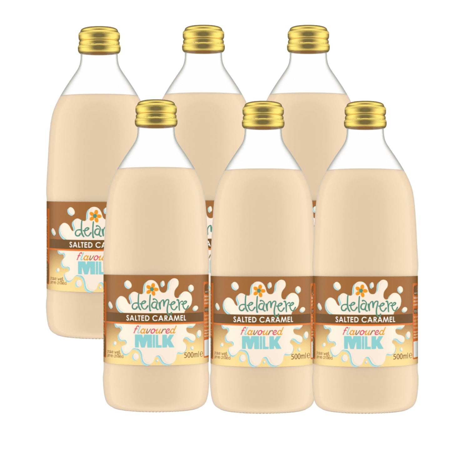 Delamere Dairy salted caramel flavoured milk 6x500ml glass bottle on white background