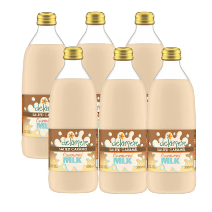 Delamere Dairy salted caramel flavoured milk 6x500ml glass bottle on white background