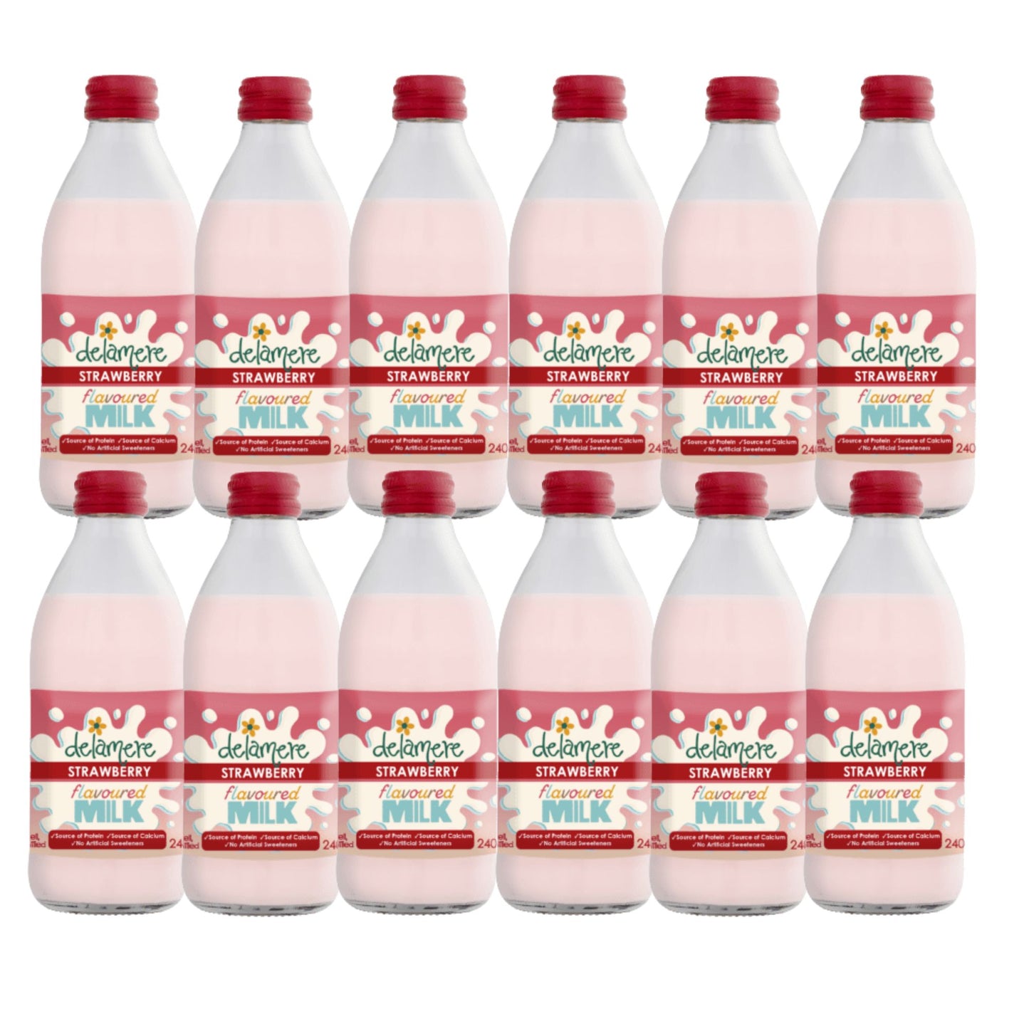 Delamere Dairy strawberry flavoured milk 12x240ml glass bottles on white background