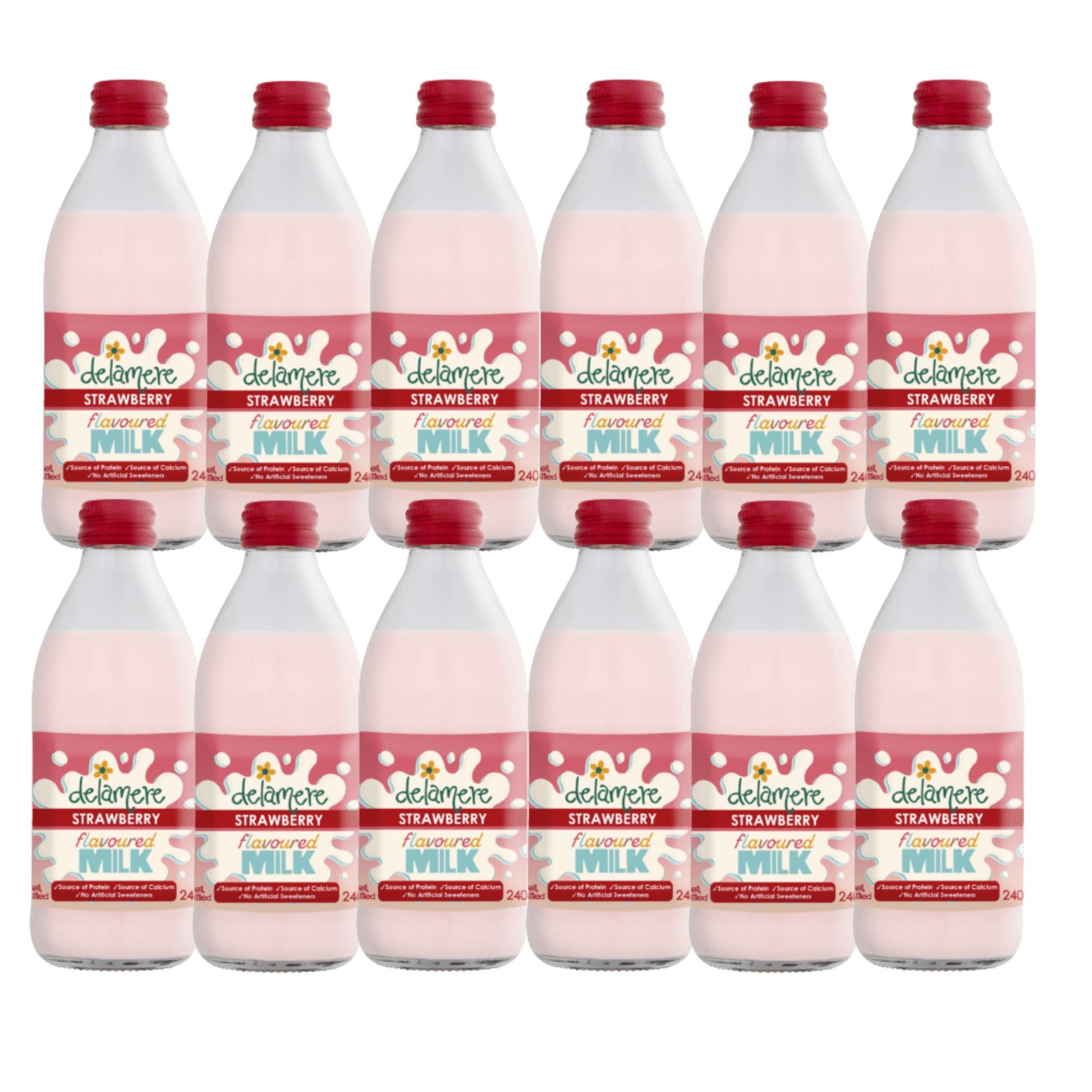 Delamere Dairy strawberry flavoured milk 12x240ml glass bottles on white background