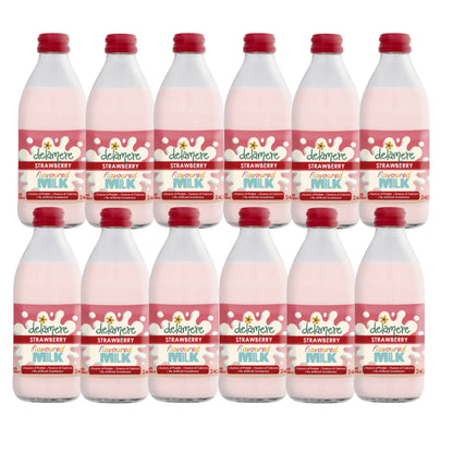 Delamere Dairy strawberry flavoured milk 12x240ml glass bottles on white background