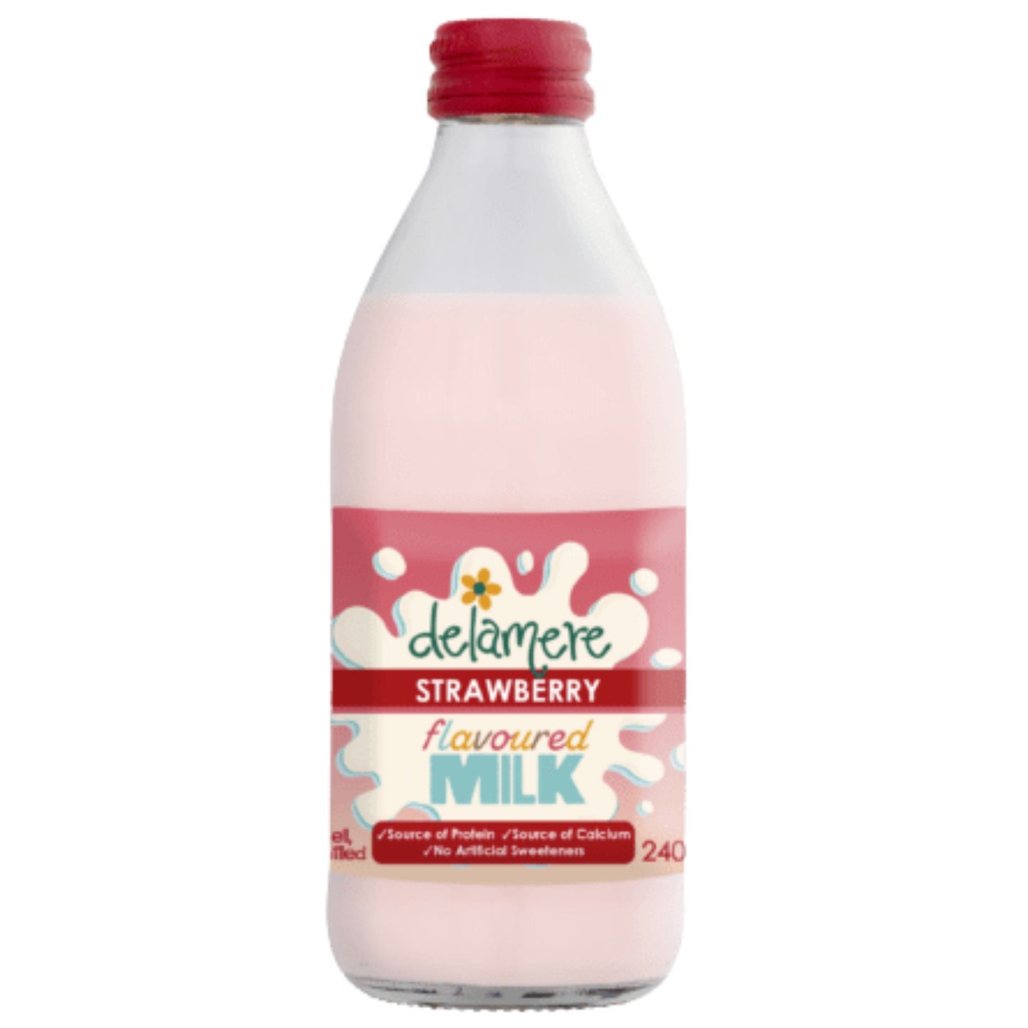 Delamere Dairy strawberry flavoured milk 240ml glass bottle on white background