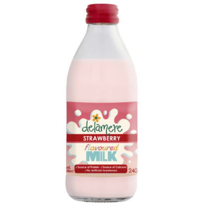 Delamere Dairy strawberry flavoured milk 240ml glass bottle on white background