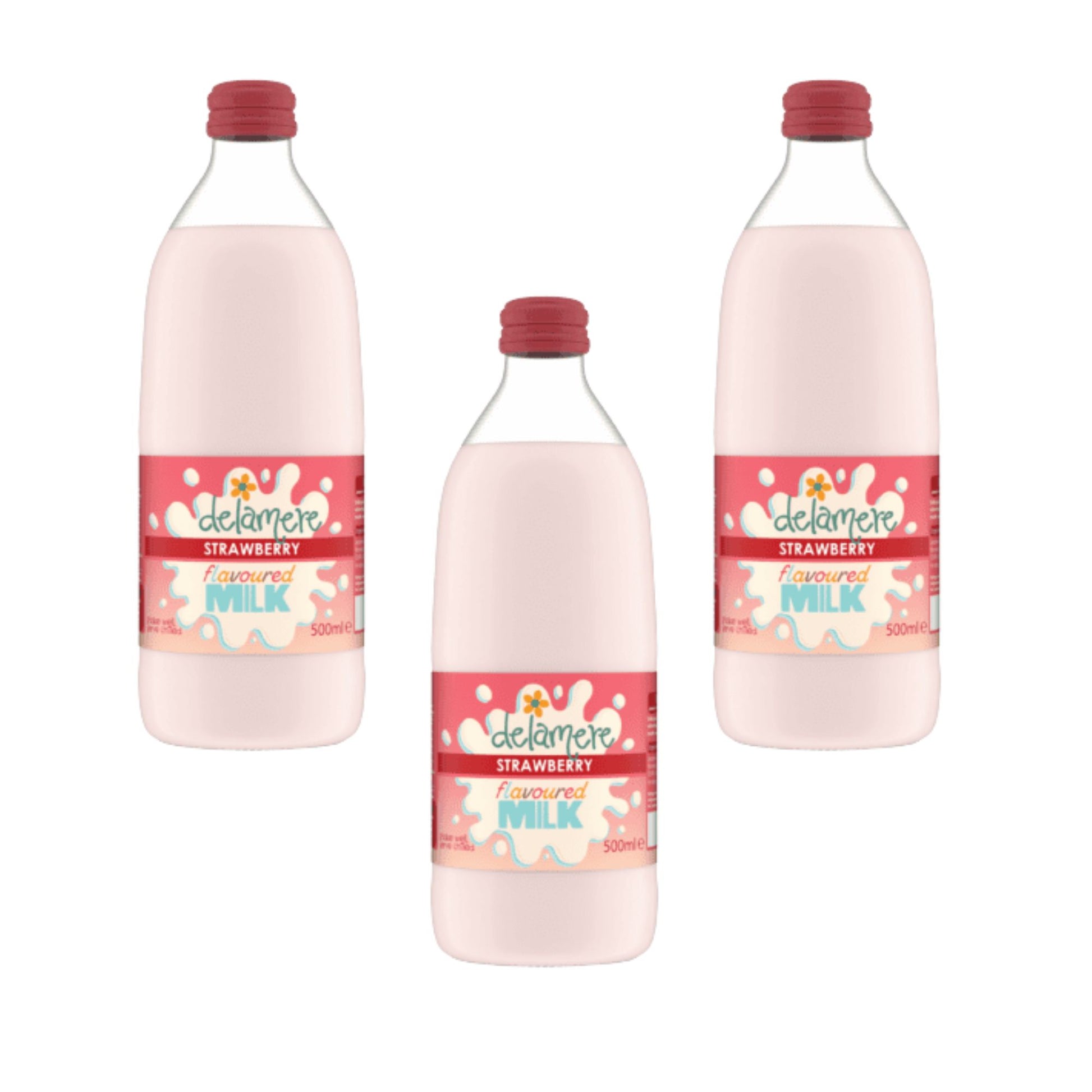 Delamere Dairy strawberry flavoured milk 3x500ml glass bottles on white background