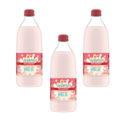 Delamere Dairy strawberry flavoured milk 3x500ml glass bottles on white background