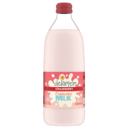 Delamere Dairy strawberry flavoured milk 500ml glass bottle on white background