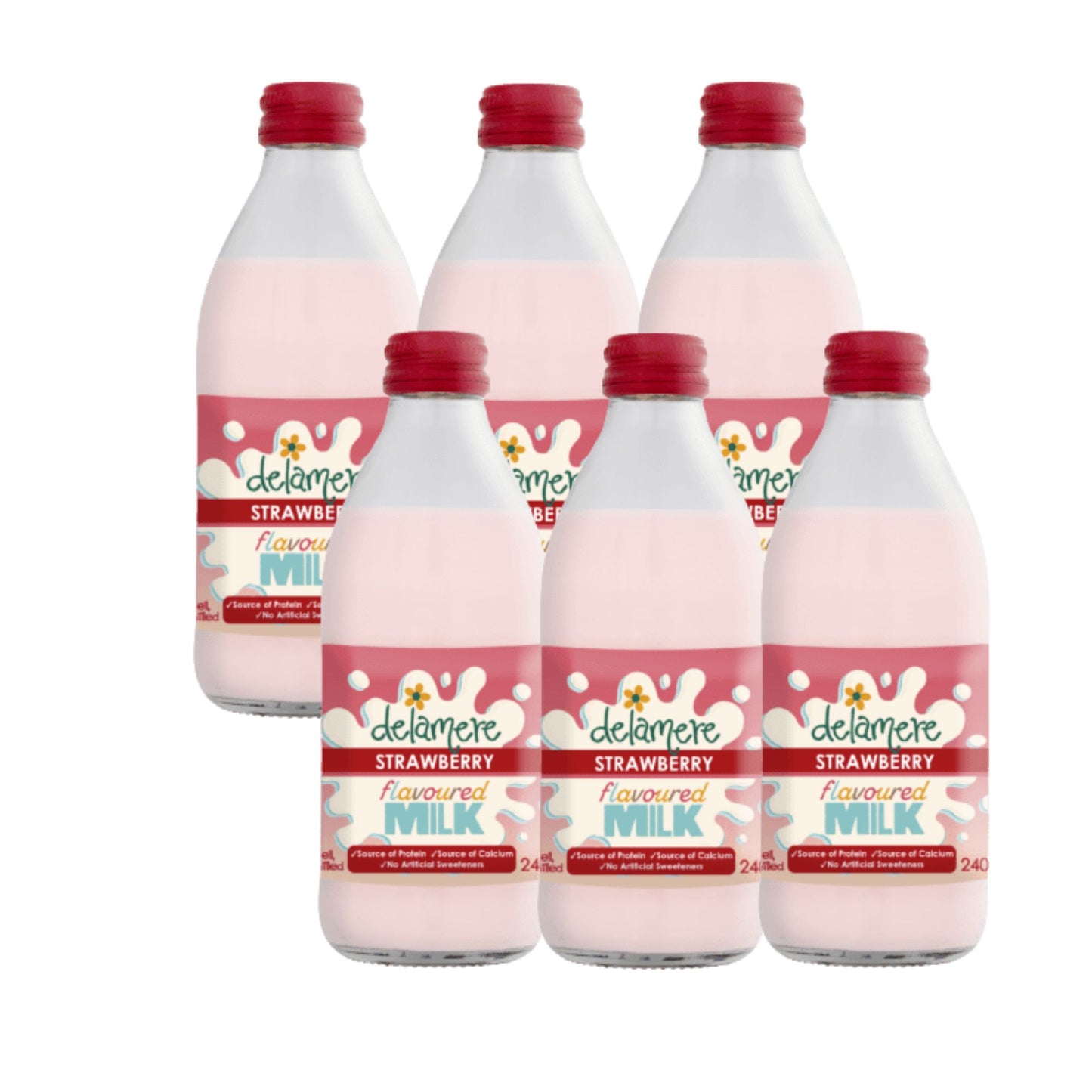 Delamere Dairy strawberry flavoured milk 6x240ml glass bottles on white background